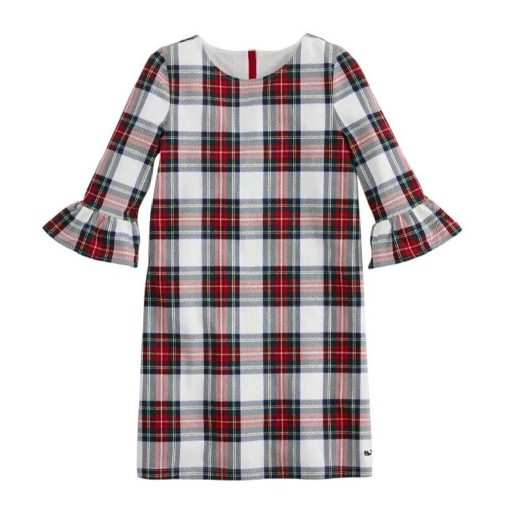 Vineyard Vines Girls Ruffle Sleeve Tartan Plaid Dress S (7–8) Marshmallow